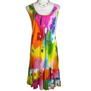 Vintage Jams World Rainbow Watercolor Ruffle Midi Dress XL 90s Hawaiian